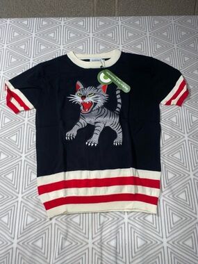 Men's Navy Short Sleeve Shirt with Embroidered Tiger - OXKNIT